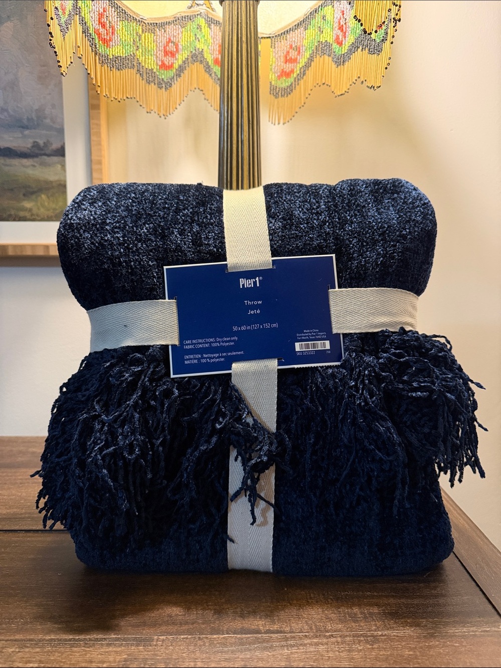 Pier 1 Navy Chenille Throw with Fringe